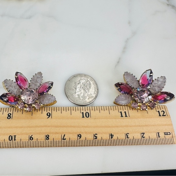 Vintage 1950s Brooch & Clip Earrings Set Amethyst & Frosted Rhinestone Marquise - Picture 14 of 15